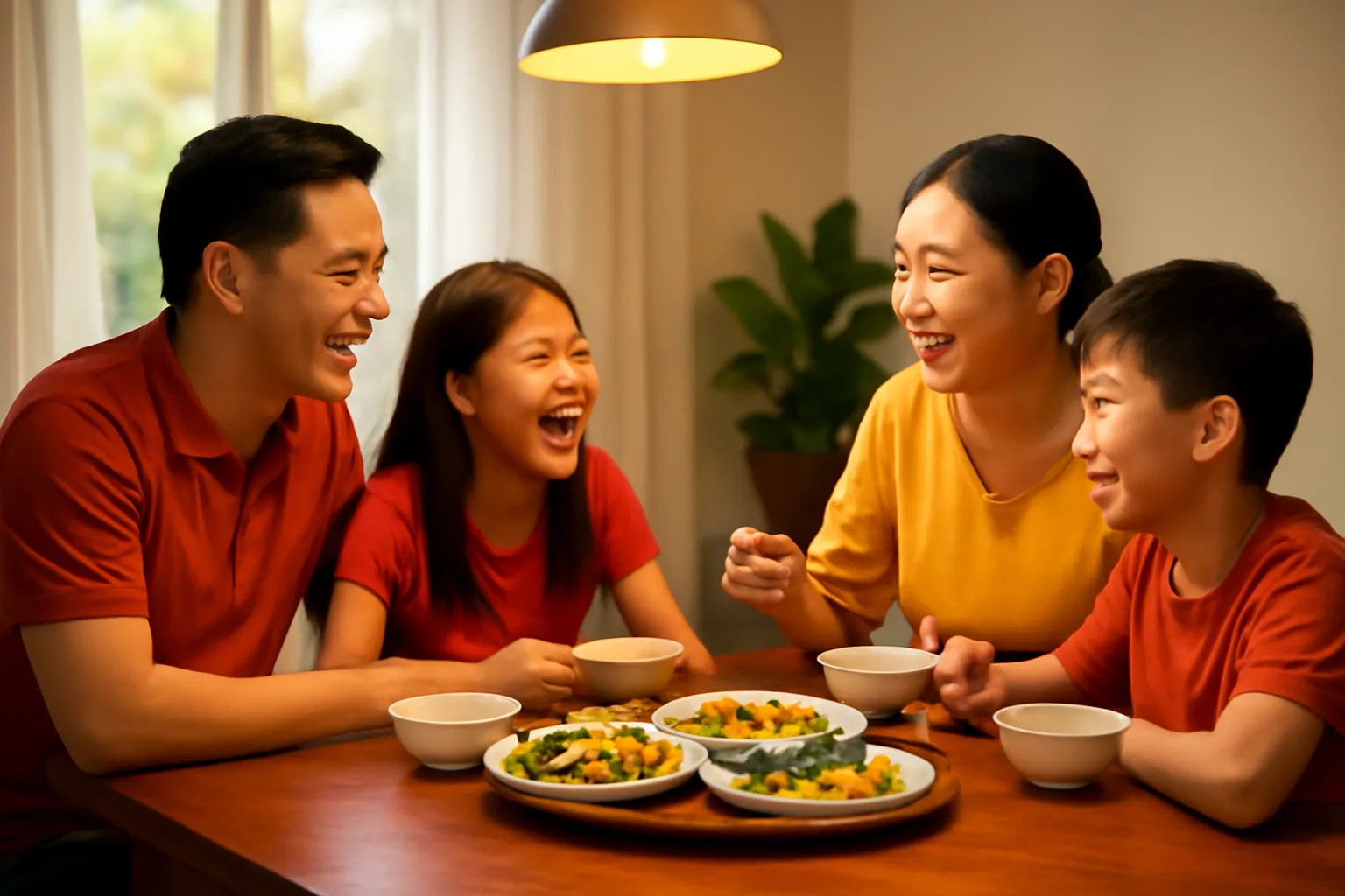 Gia đình bốn người cười nói quanh mâm cơm tối dưới ánh đèn ấm