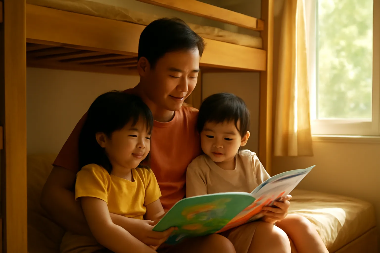 Bố đọc sách to cho hai con nghe trên giường tầng buổi chiều