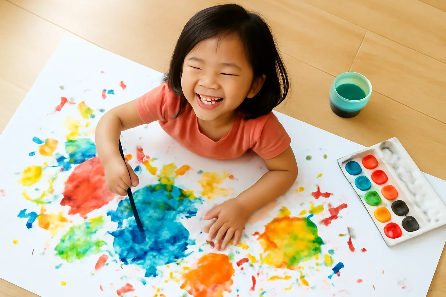 Bé gái tô màu nước tự do trên tờ giấy lớn trải trên sàn nhà