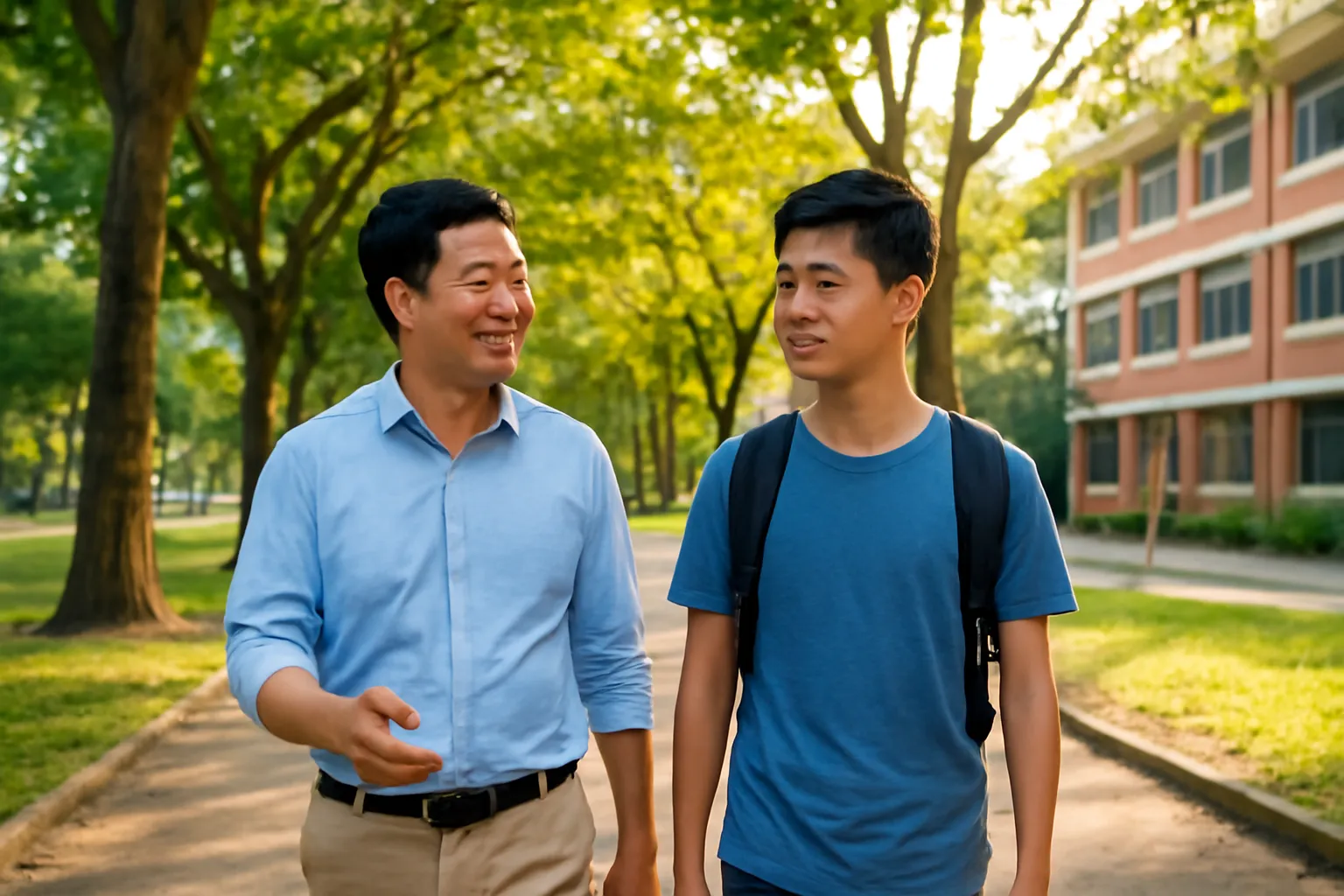 Cha và con trai đi dạo trong sân trường đại học rợp cây xanh