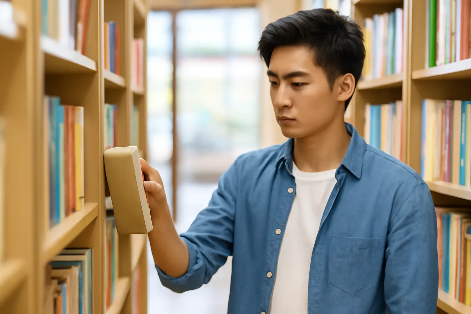 Thanh niên đứng giữa hai dãy kệ nhà sách lớn đang chọn sách