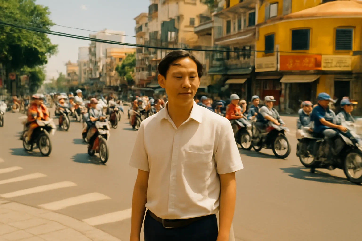 Người đàn ông đứng bình thản giữa ngã tư đông xe máy buổi trưa
