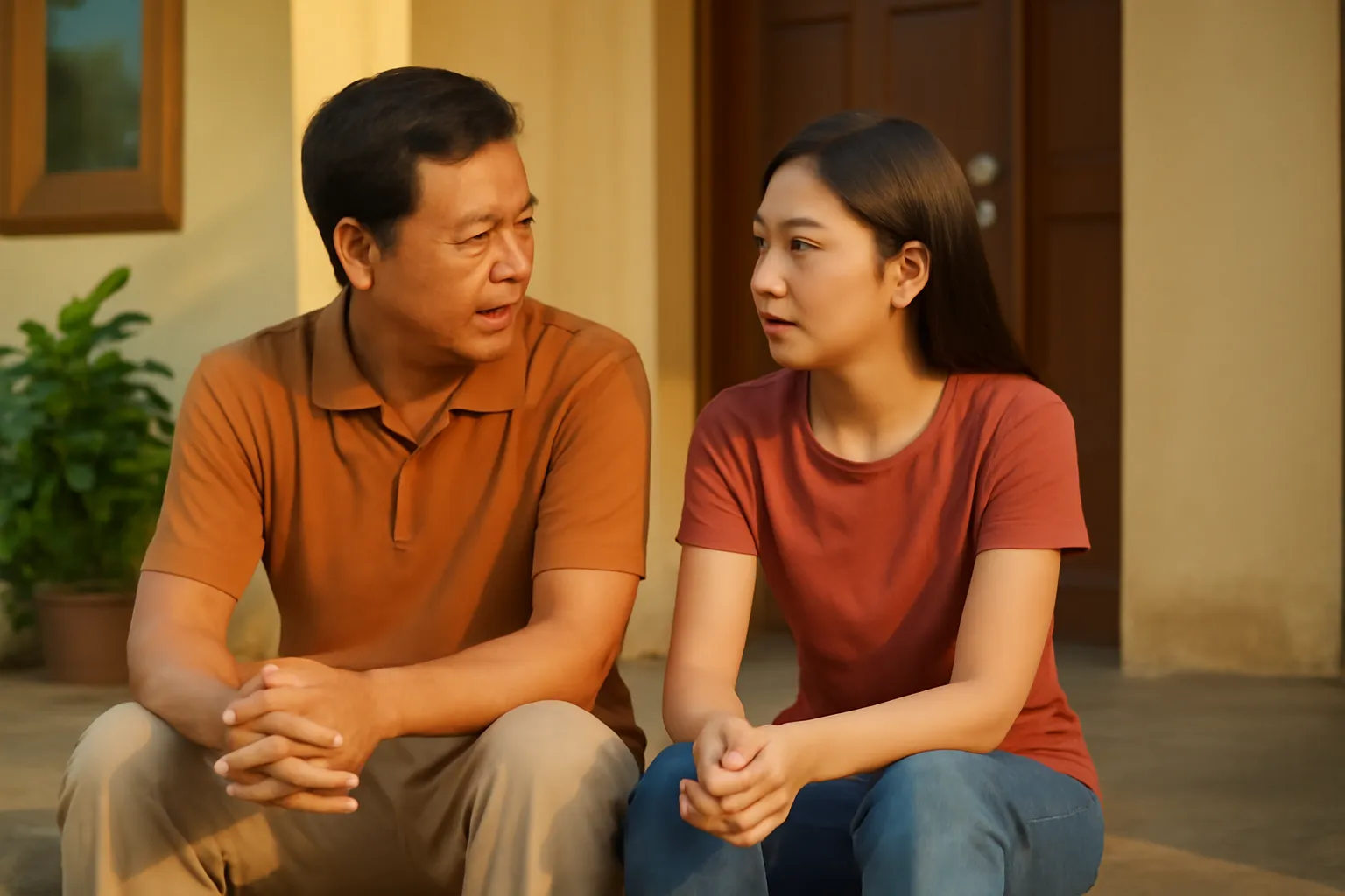 Cha và con gái tuổi mười tám ngồi trò chuyện trên bậc thềm nhà buổi chiều