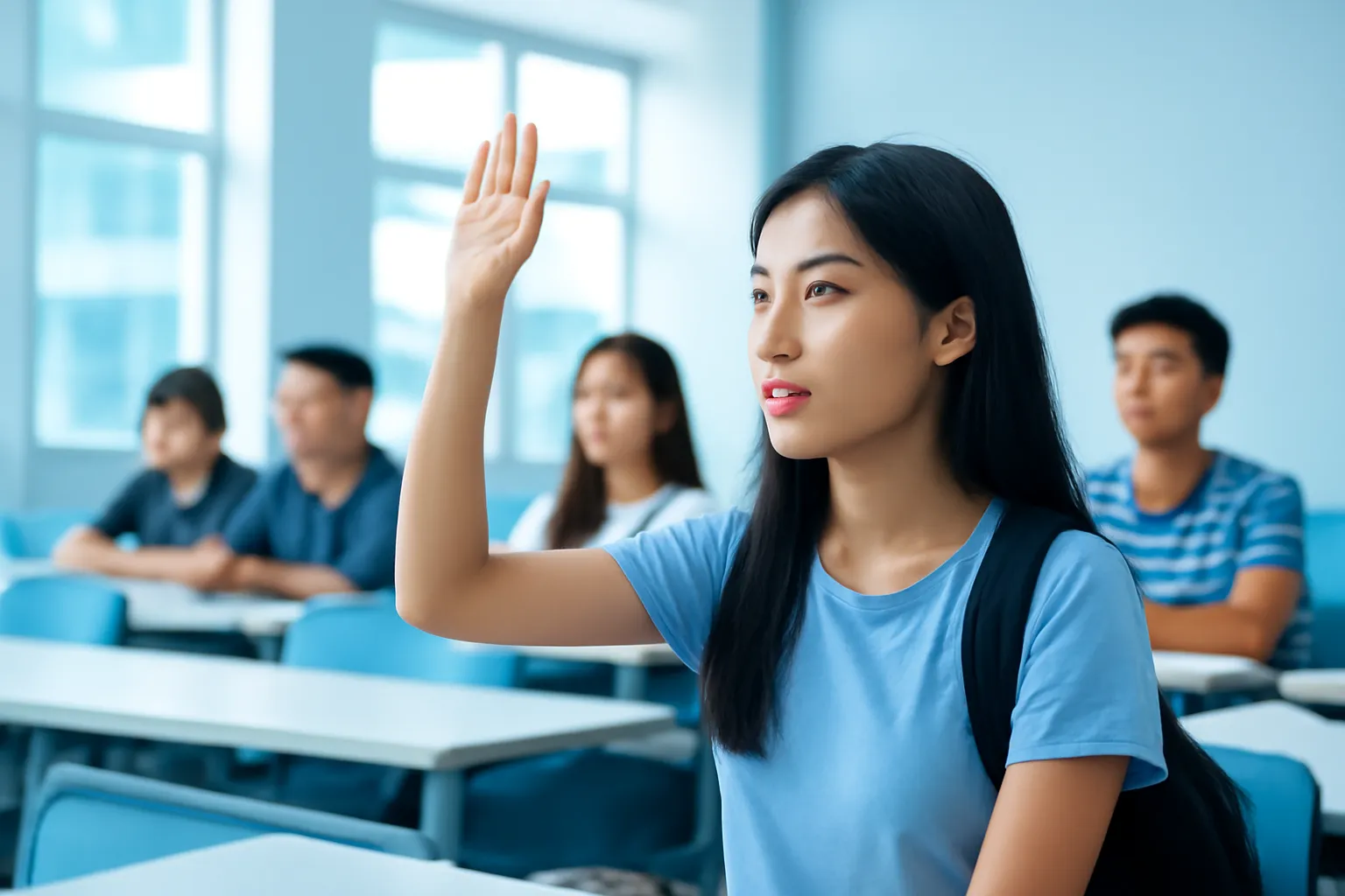Sinh viên giơ tay đặt câu hỏi trong giảng đường sáng, nhìn từ bên cạnh