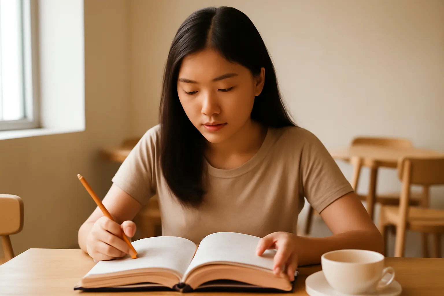 Cô gái đọc cuốn sách dày ở quán cà phê yên tĩnh, tay cầm bút chì