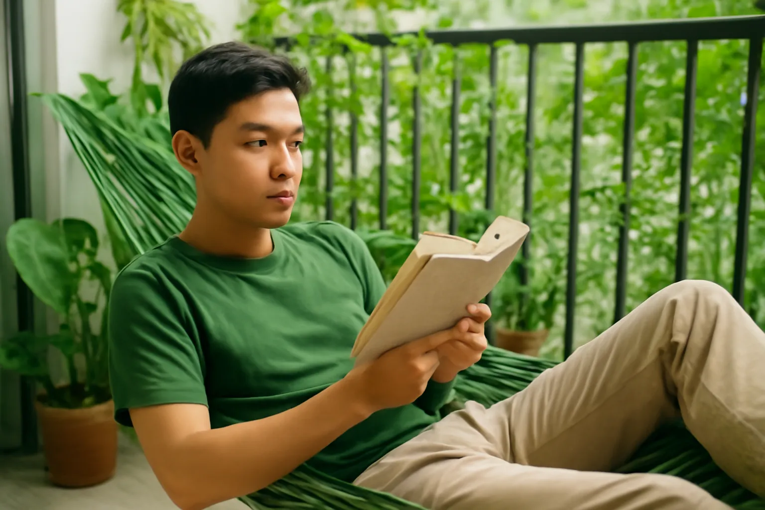 Chàng trai úp điện thoại xuống, đọc sách trên võng ngoài ban công nhiều cây