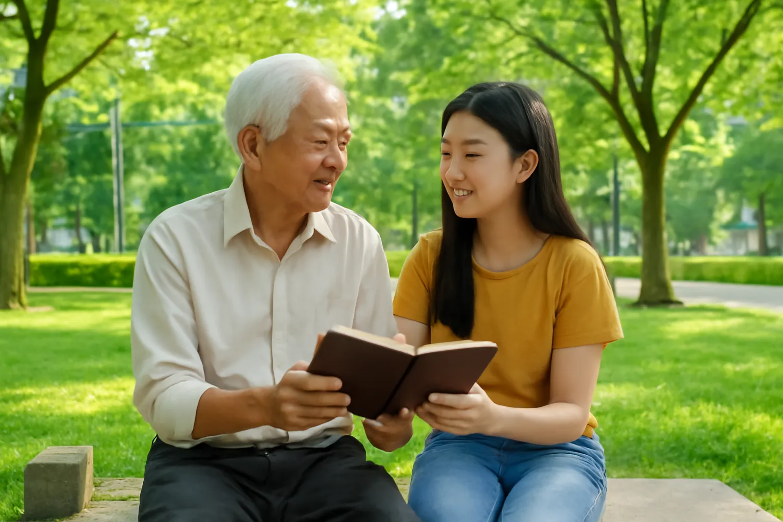 Ông cụ và cháu gái ngồi ghế đá công viên cùng cầm một cuốn sách bìa cứng
