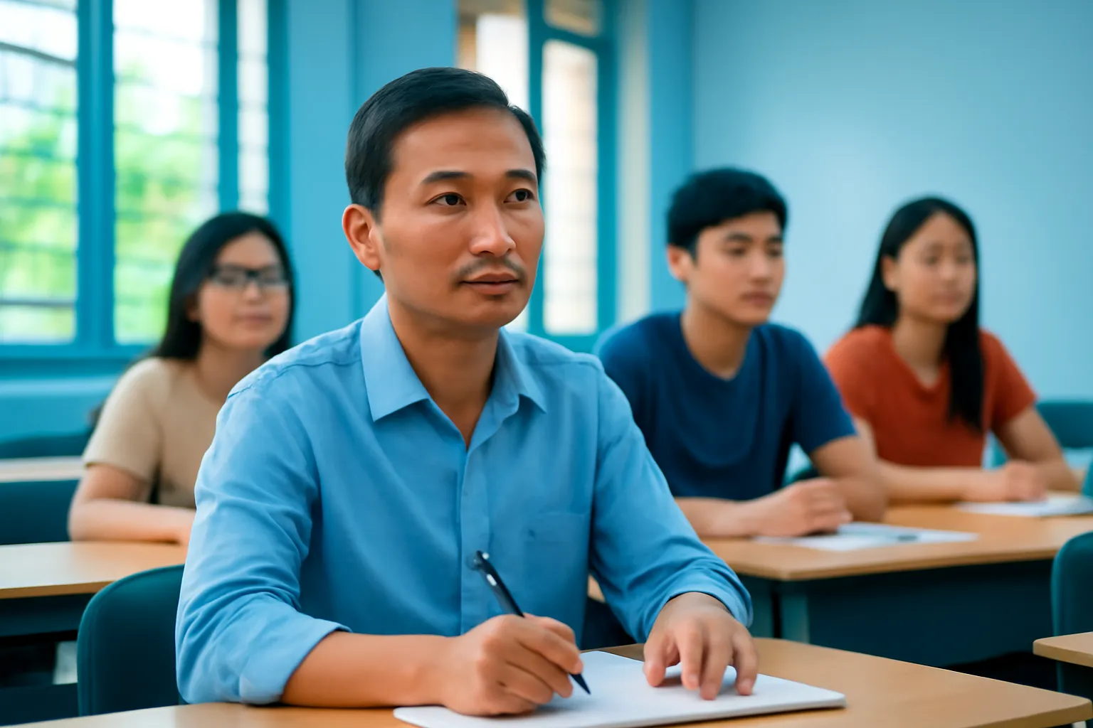 Người đàn ông bốn mươi tuổi ngồi học trong lớp buổi tối cùng những người trẻ