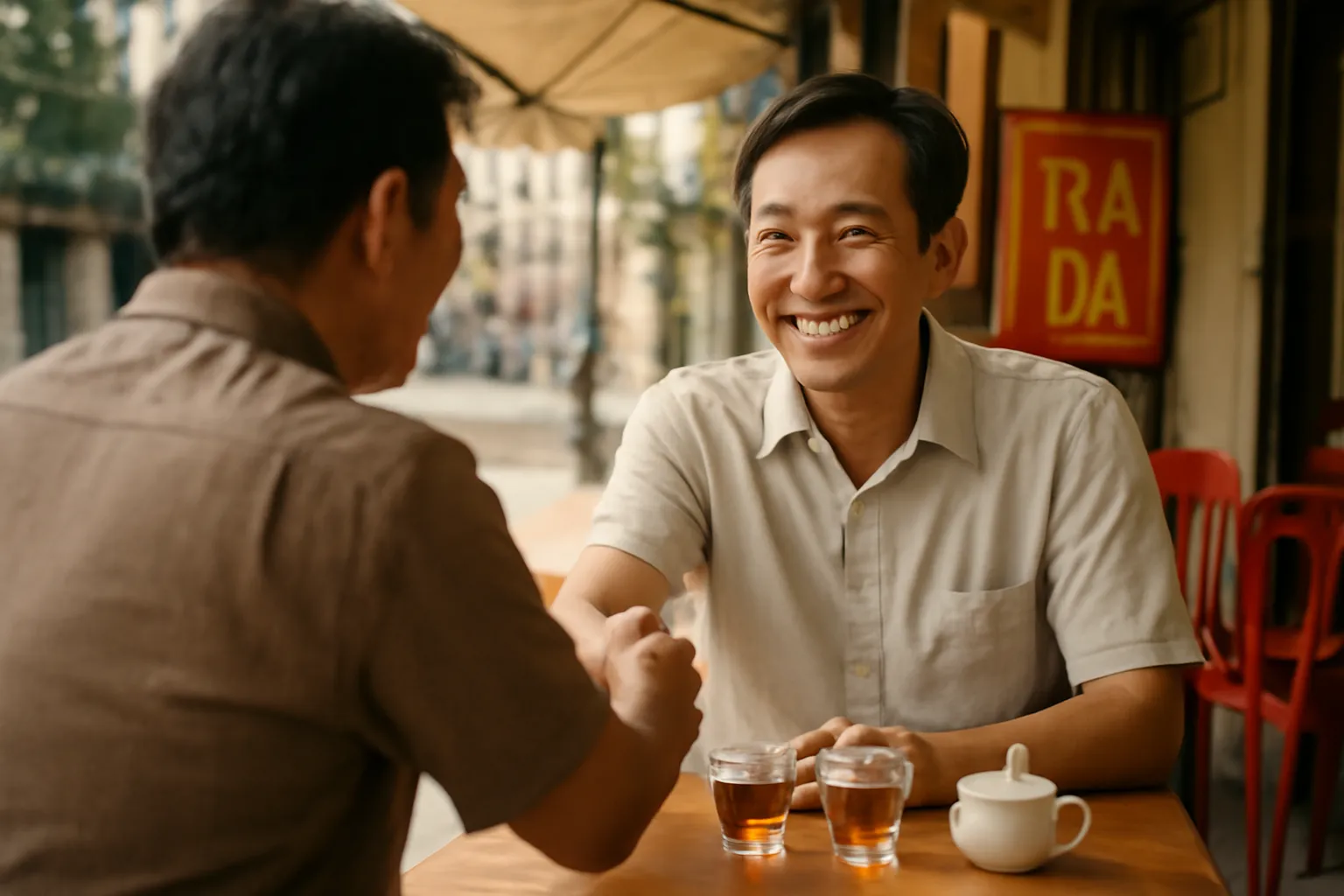 Người đàn ông trung niên mỉm cười bắt tay bạn ở quán trà vỉa hè
