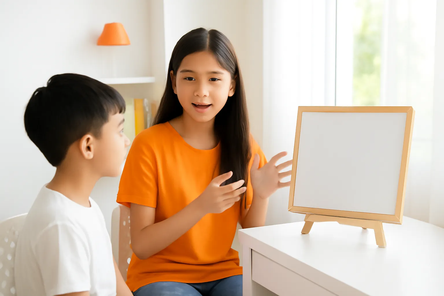 Chị gái giảng bài cho em trai bên tấm bảng trắng nhỏ ở nhà