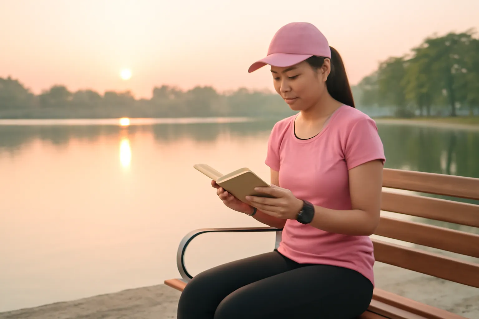 Người chạy bộ buổi sớm ngồi nghỉ đọc cuốn sách nhỏ trên ghế ven hồ