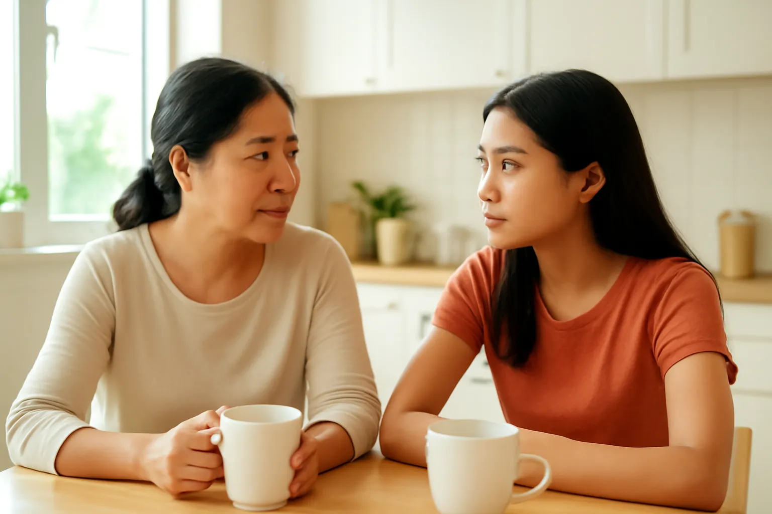 Mẹ và con gái tuổi mười bảy trò chuyện nghiêm túc bên bàn bếp buổi sáng