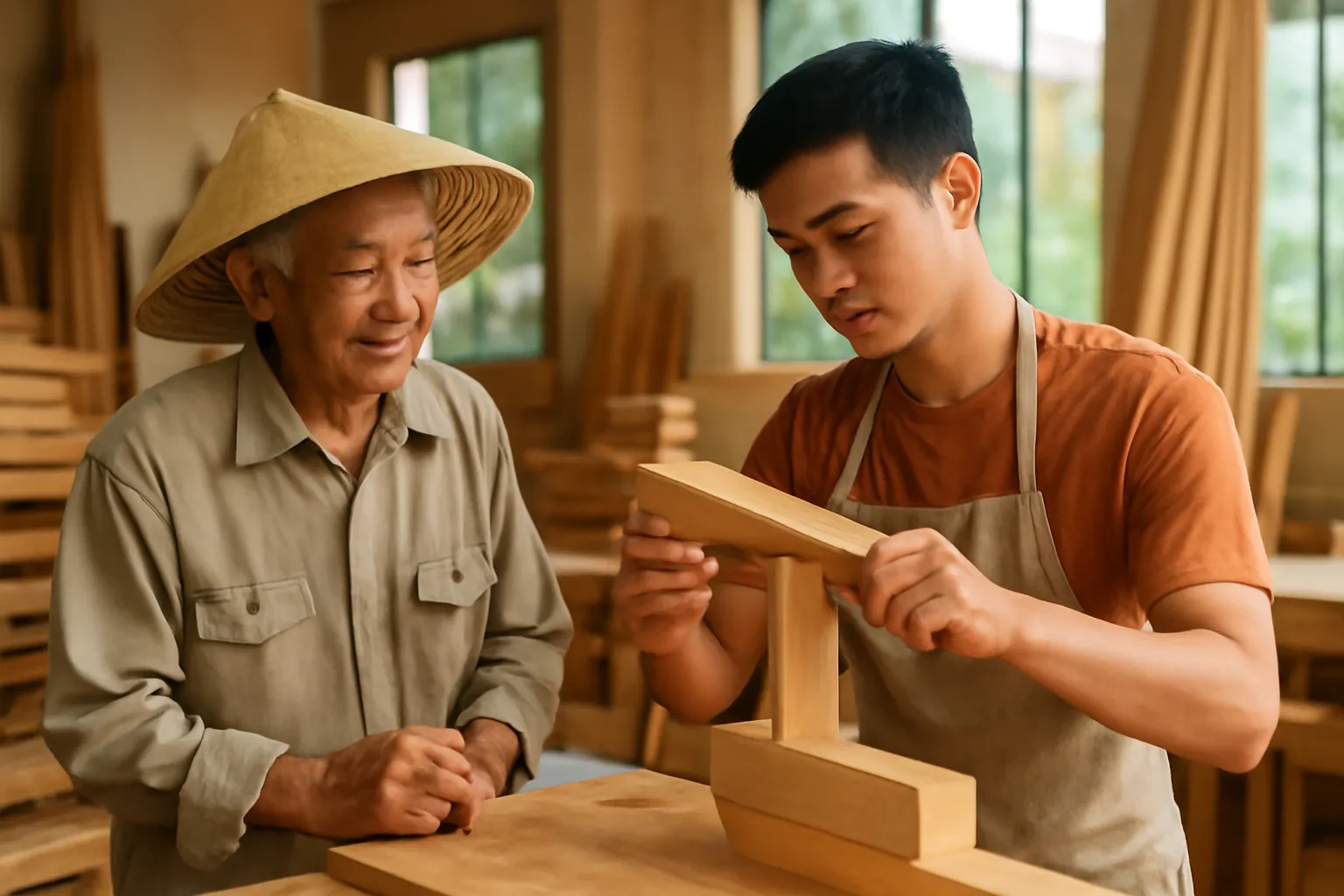Bác thợ mộc lớn tuổi chăm chú xem người học việc làm mộng gỗ