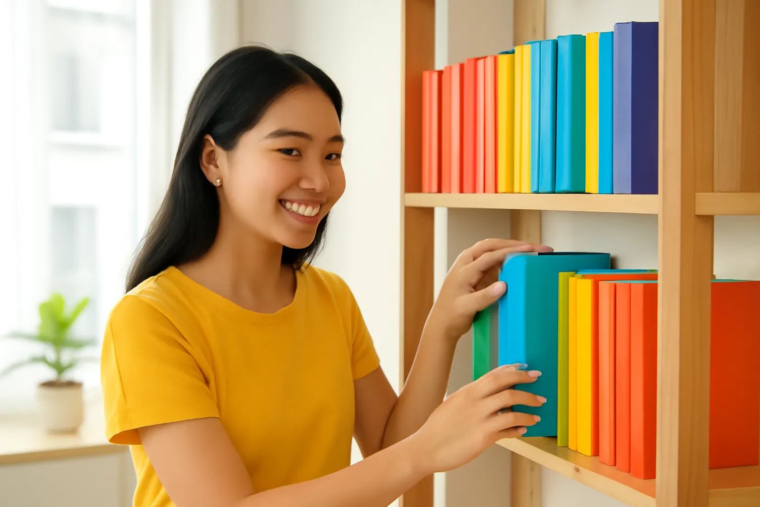 Cô thiết kế trẻ sắp xếp sách nhiều màu lên kệ gỗ trong căn hộ sáng