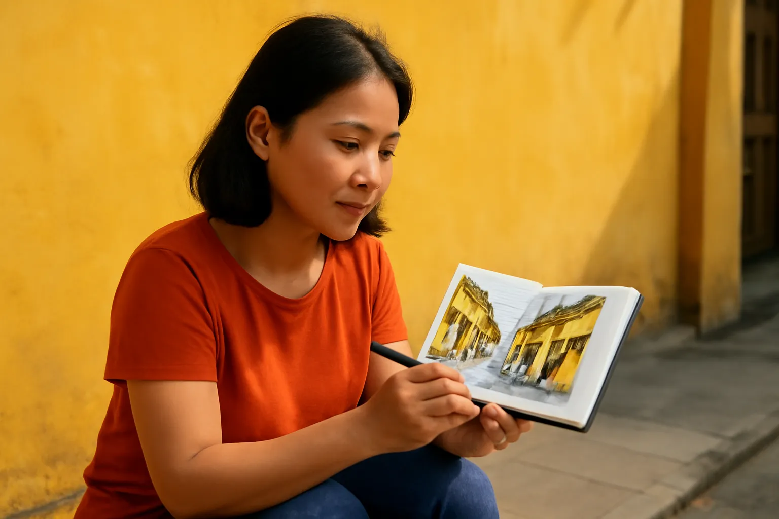 Người phụ nữ tuổi bốn mươi ký hoạ phố cổ trên sổ vẽ