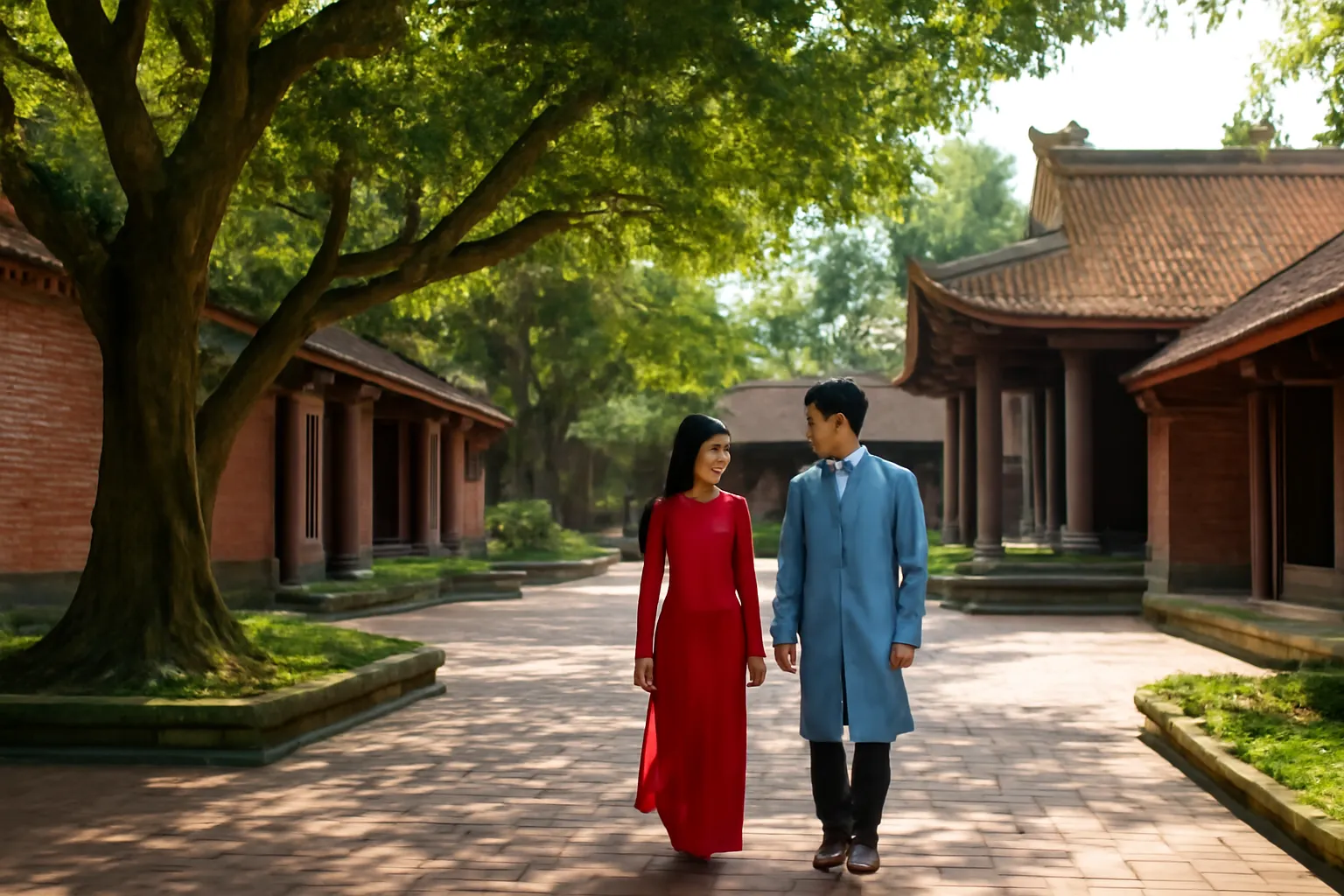 Du khách trẻ đi dưới hàng cây trong khuôn viên Văn Miếu