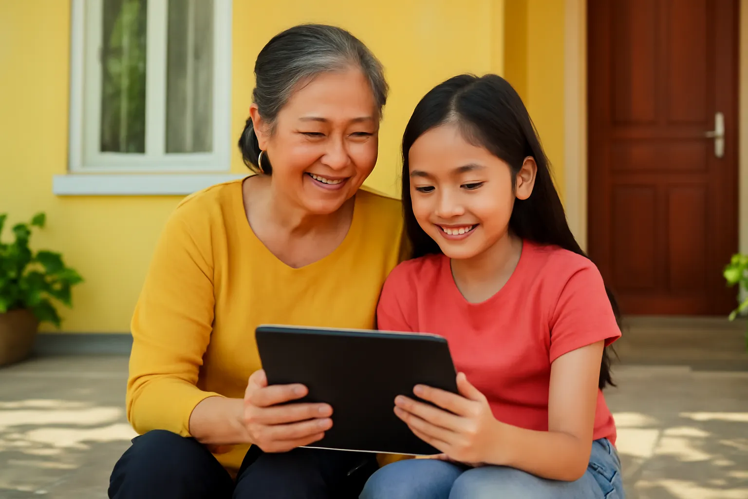 Bà ngoại và cháu gái cùng xem máy tính bảng trên hiên nhà