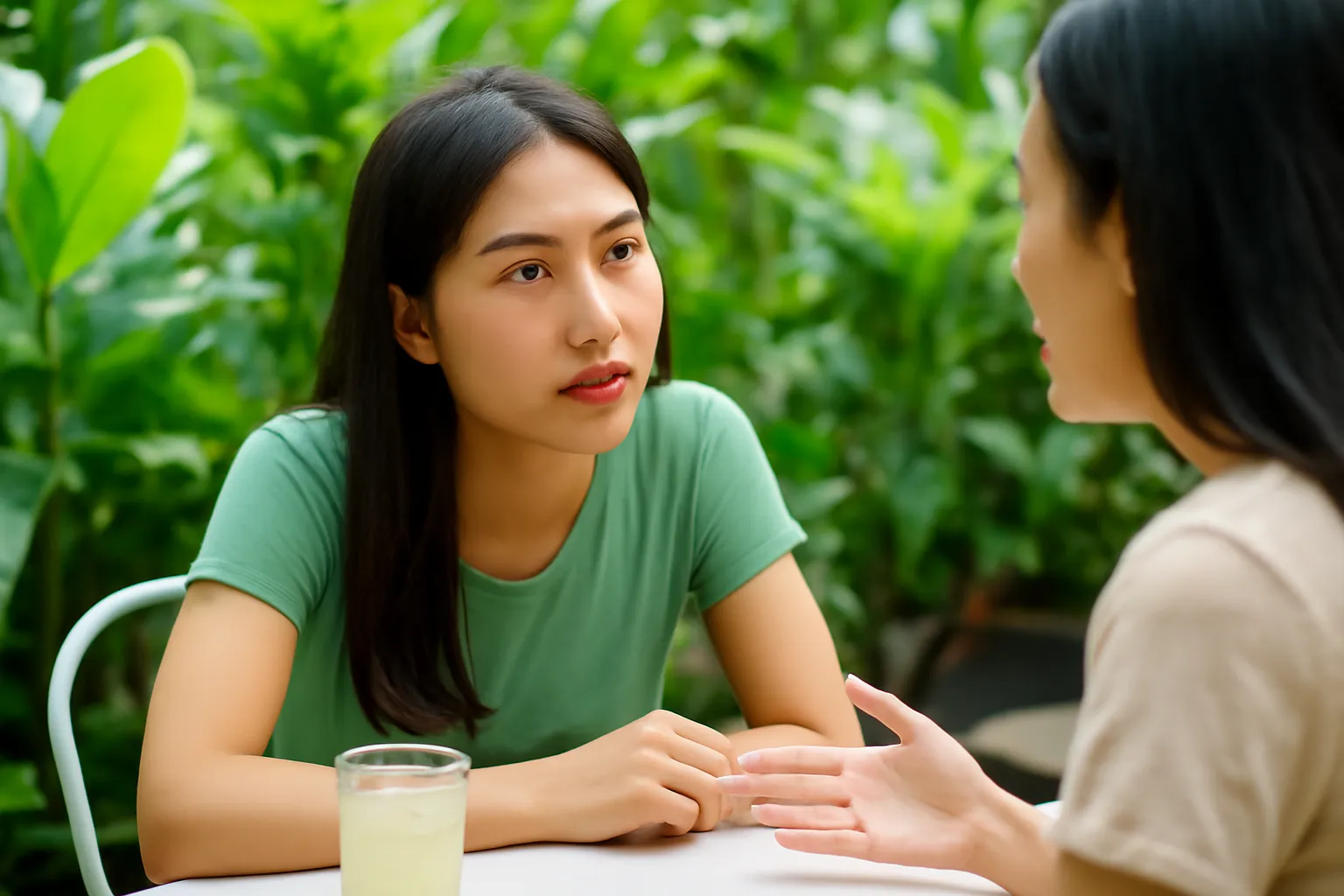 Cô gái nghiêng người chăm chú lắng nghe bạn kể chuyện ở quán cà phê sân vườn