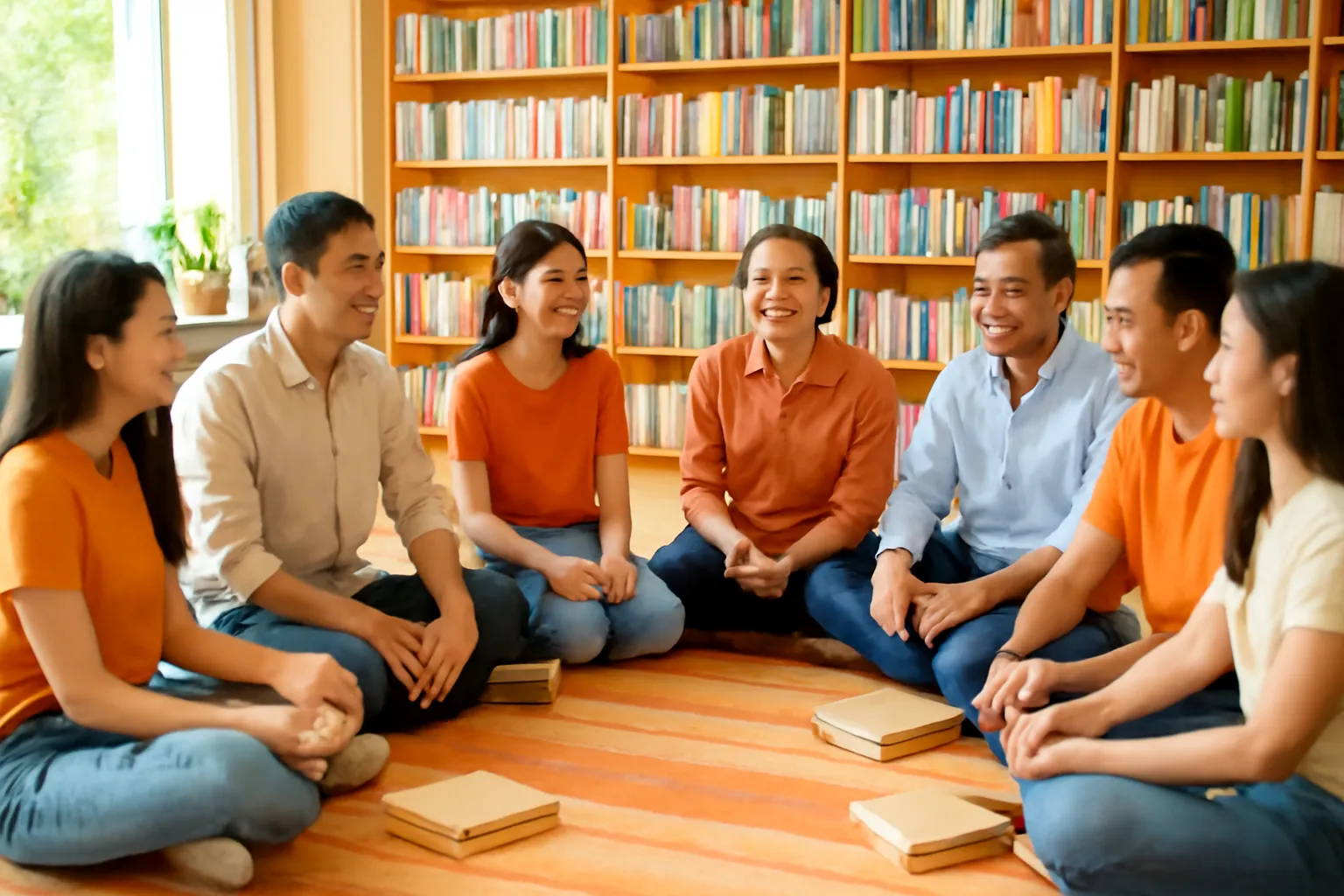 Nhóm tám người ngồi vòng tròn trên thảm trong nhà sách, sách gập trên đùi