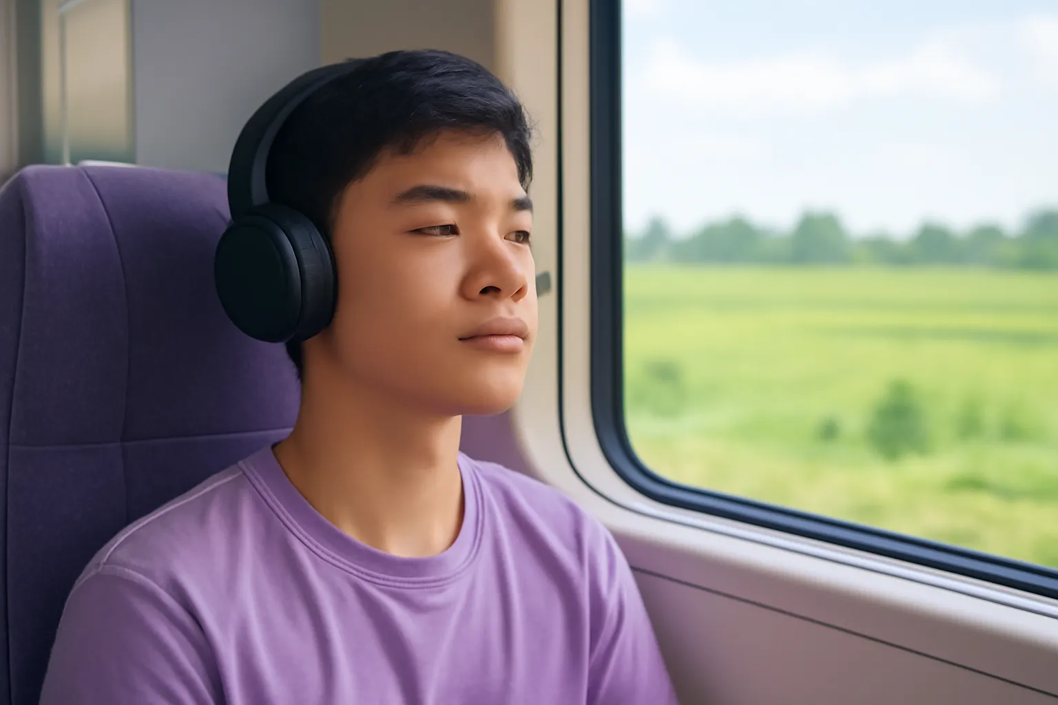 Nam sinh đeo tai nghe nhắm mắt thư thái trên ghế tàu hoả