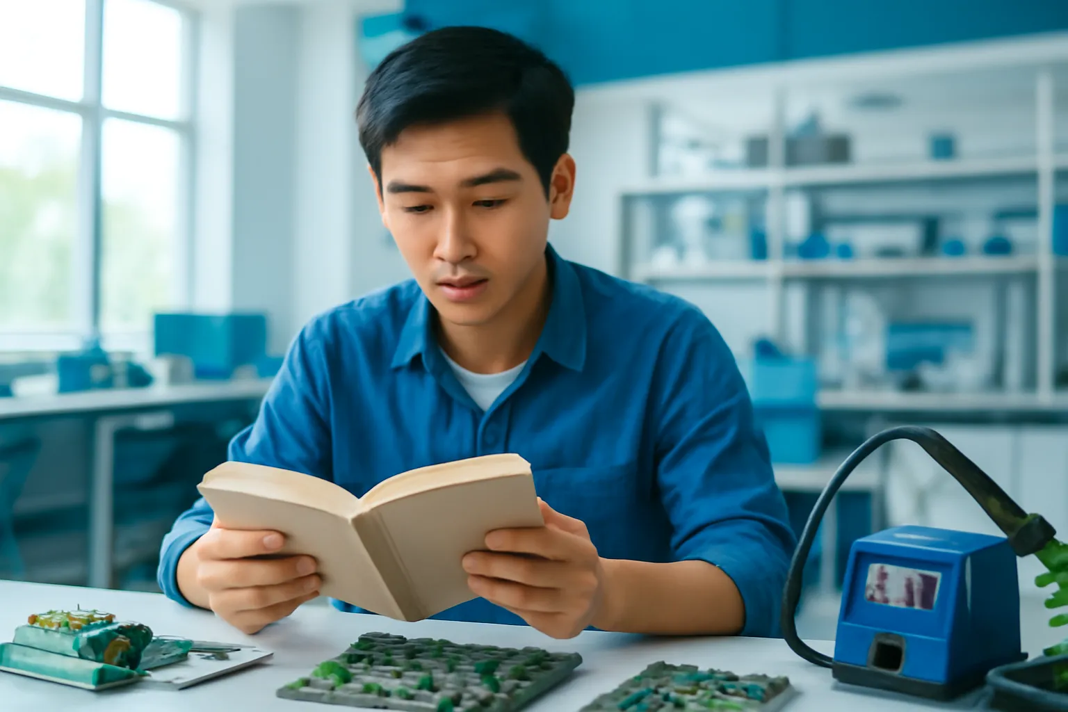 Nam sinh viên kỹ thuật đọc sách bìa trơn bên bàn mạch điện tử trong phòng thí nghiệm sáng