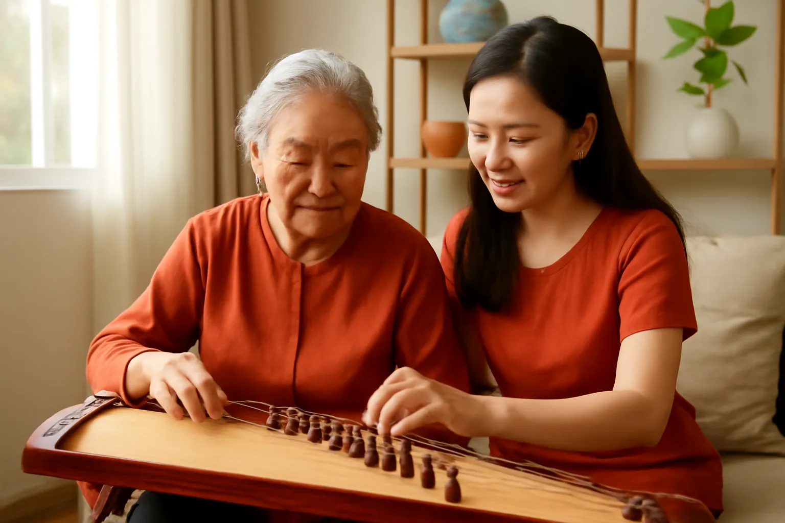 Cụ bà học đàn tranh với cô giáo trẻ trong phòng khách sáng