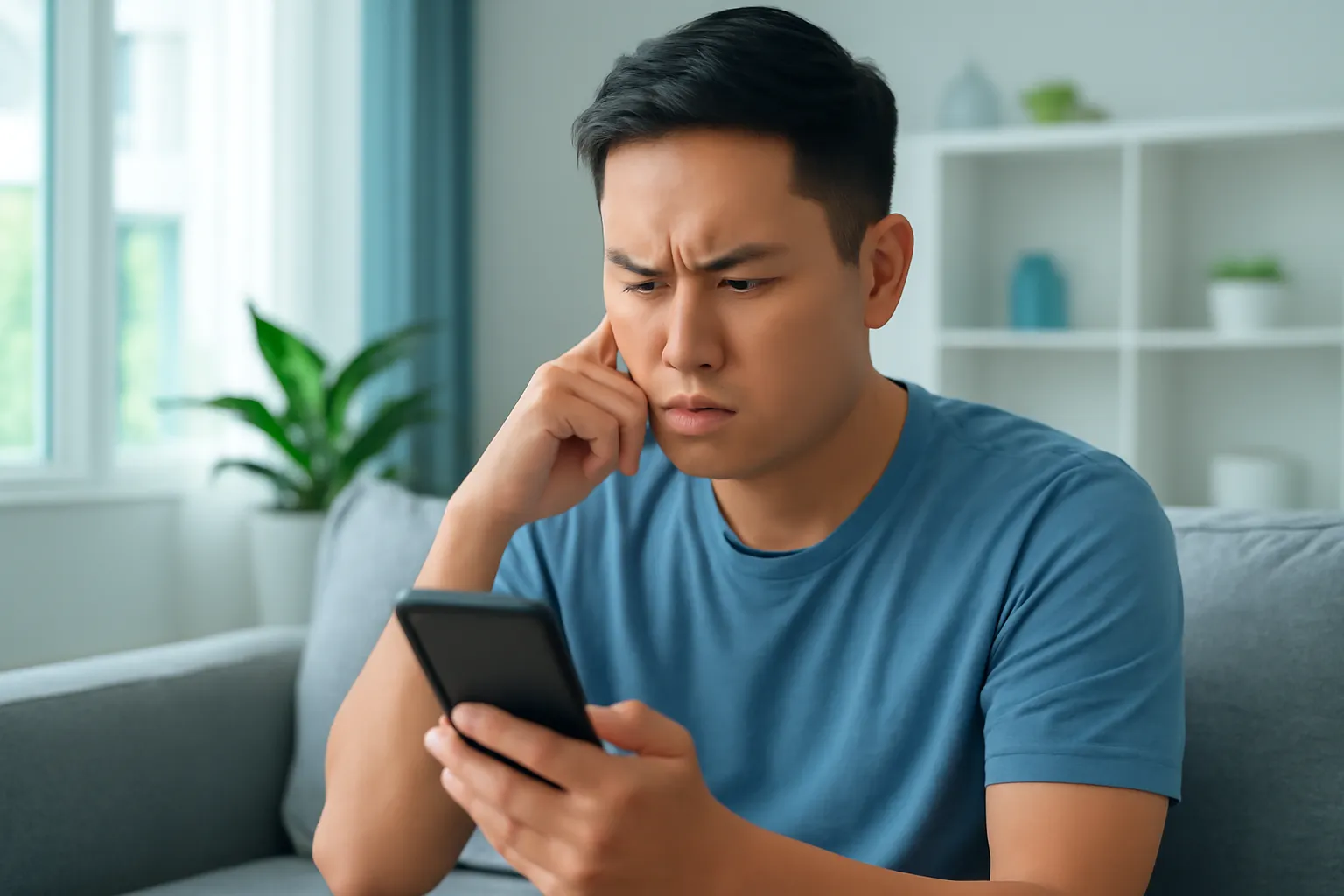 Chàng trai ngồi sofa nhíu mày nhìn điện thoại quay đi khỏi máy ảnh
