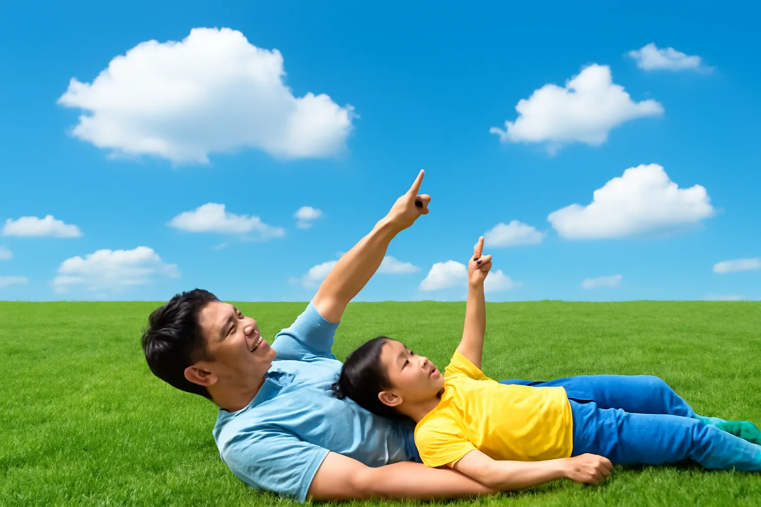 Bố và con gái năm tuổi nằm trên thảm cỏ chỉ tay lên bầu trời