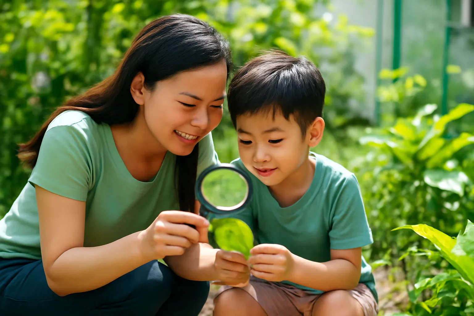 Mẹ và con trai sáu tuổi soi chiếc lá bằng kính lúp ngoài vườn
