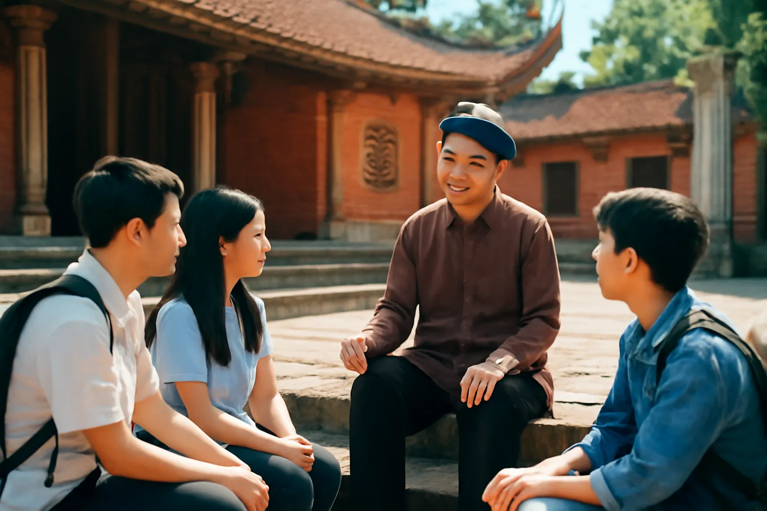 Thầy lớn tuổi và nhóm học trò ngồi quanh bậc đá sân chùa cổ trò chuyện
