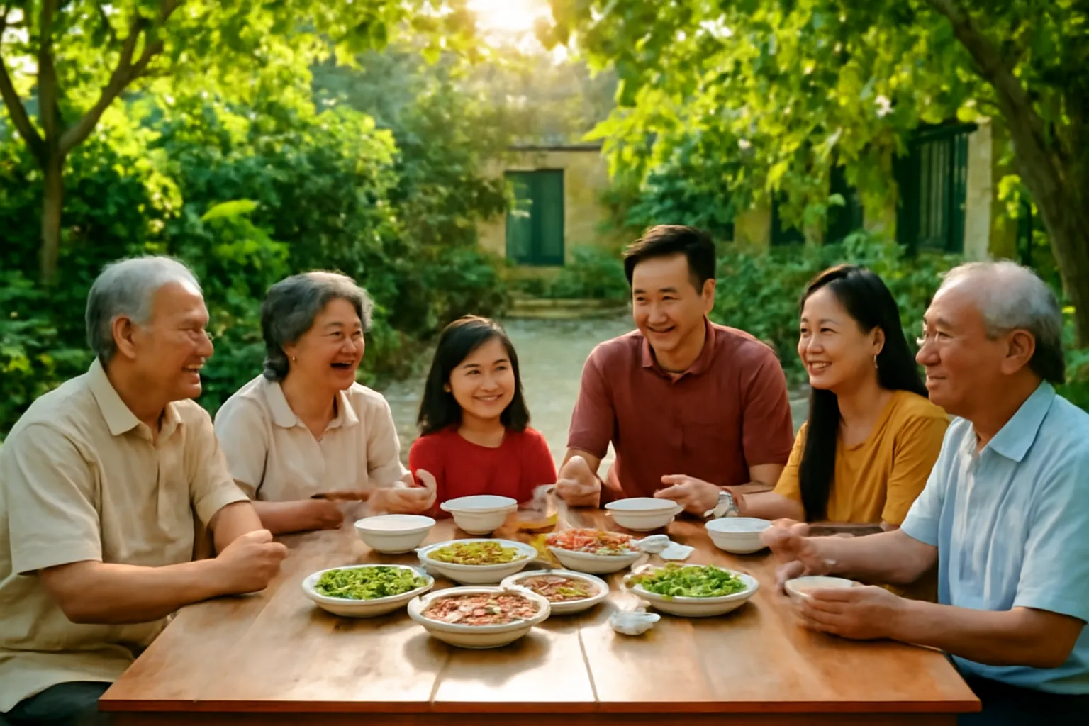 Gia đình ba thế hệ ăn cơm ngoài sân vườn buổi chiều