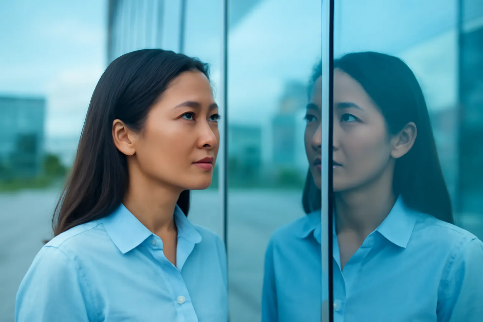 Người phụ nữ nhìn hình phản chiếu của mình trên cửa kính toà nhà