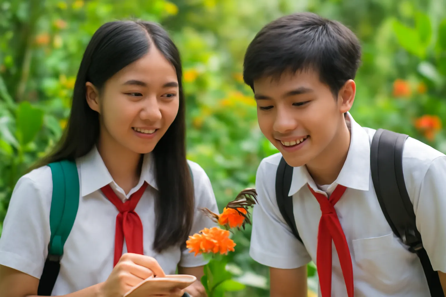 Học sinh quan sát bướm trong vườn thực vật sáng
