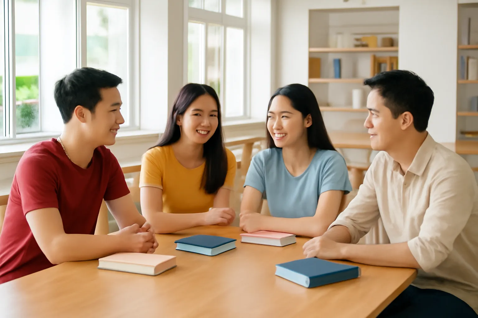 Bốn người trẻ ngồi quanh bàn dài trong không gian đọc chung với sách gập