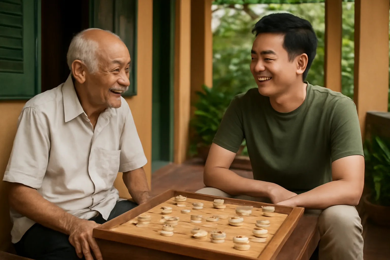 Hai người đàn ông khác tuổi ngồi đối diện bàn cờ tướng ngoài hiên nhà