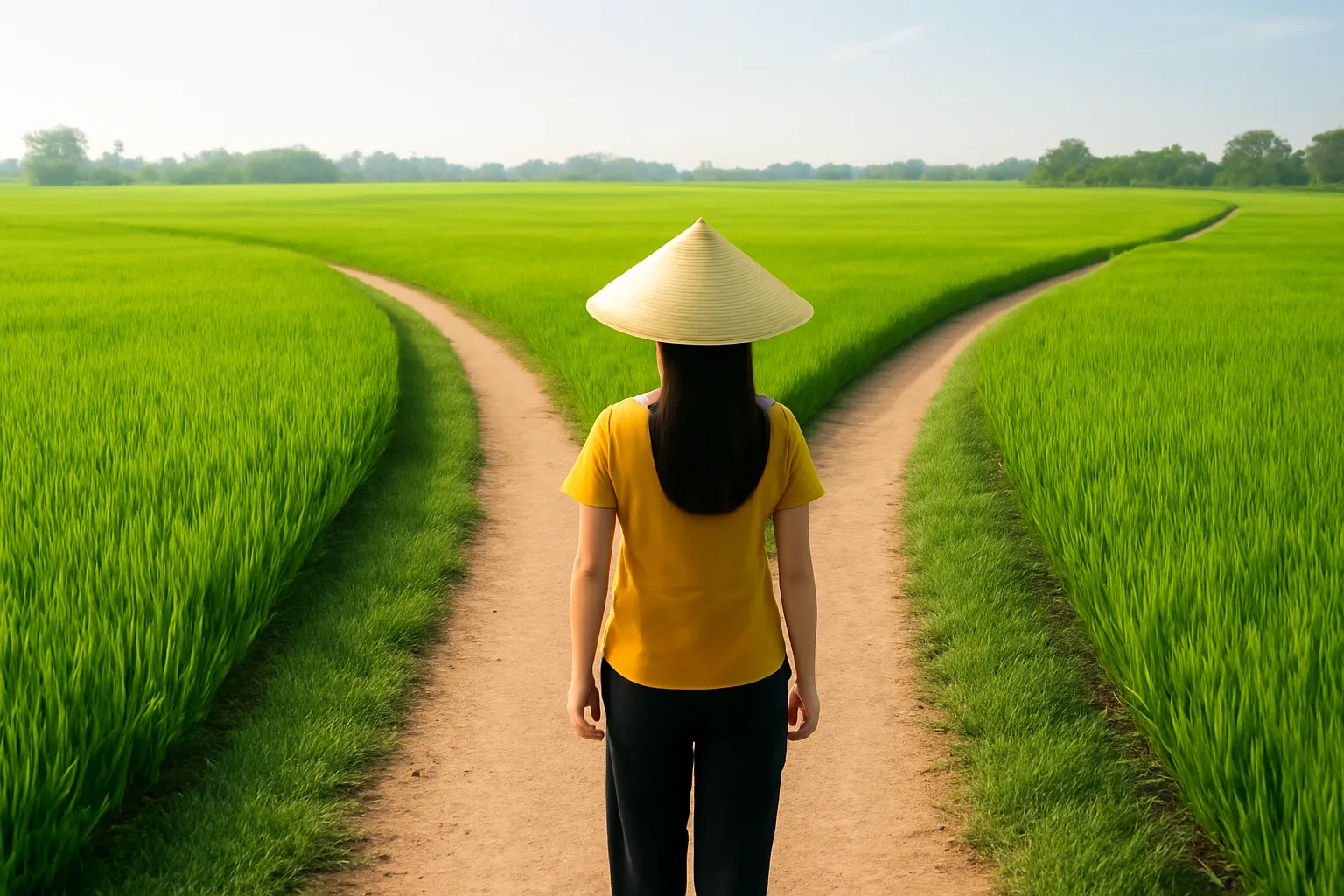 Cô gái đứng ở ngã ba đường làng nhìn hai lối đi giữa đồng lúa