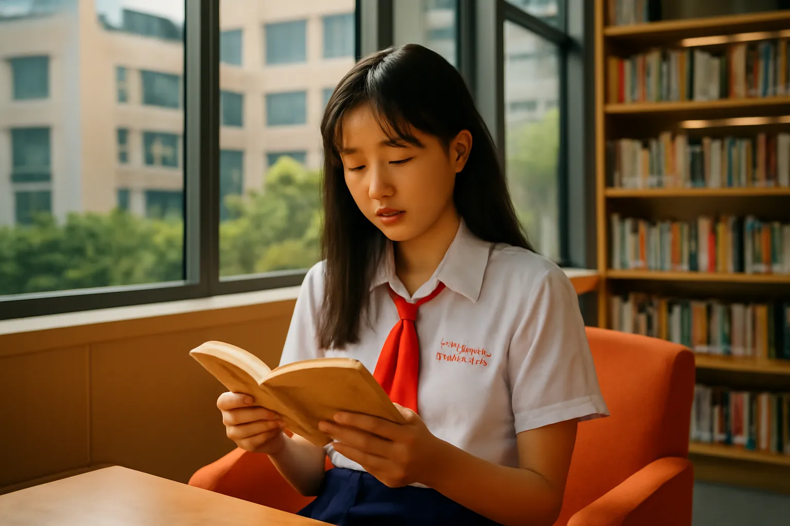 Nữ sinh cấp ba đọc sách ở góc thư viện quận có cửa kính lớn buổi chiều