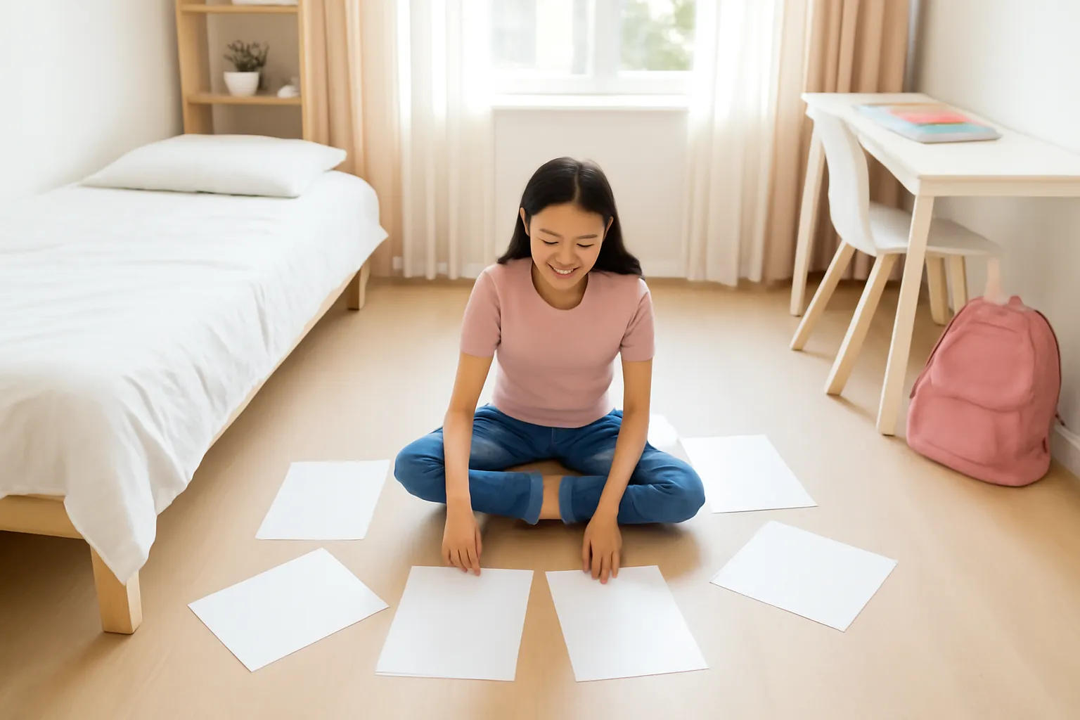 Nữ sinh viên xếp những tờ giấy nháp trống trên sàn phòng ký túc