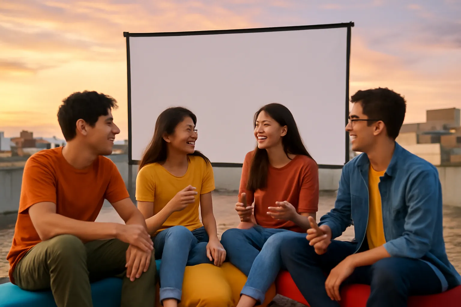 Nhóm bạn ngồi thảo luận sau buổi chiếu phim trên sân thượng